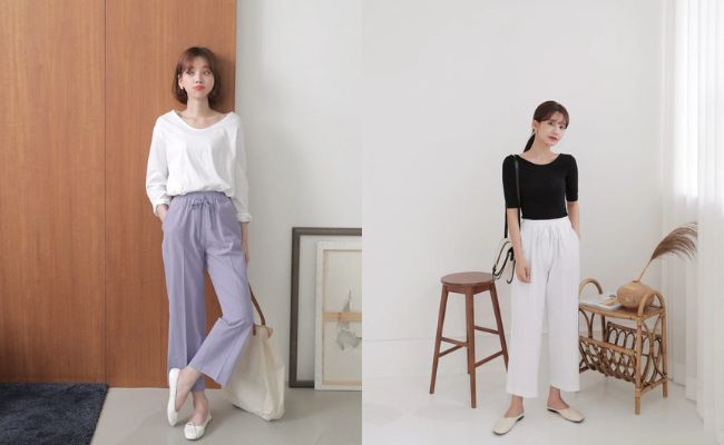 Vẻ đẹp thanh thuần với áo blouse trắng tay phồng, quần kaki ống rộng màu be và giày búp bê dây mảnh, hoàn hảo cho buổi hẹn hò
