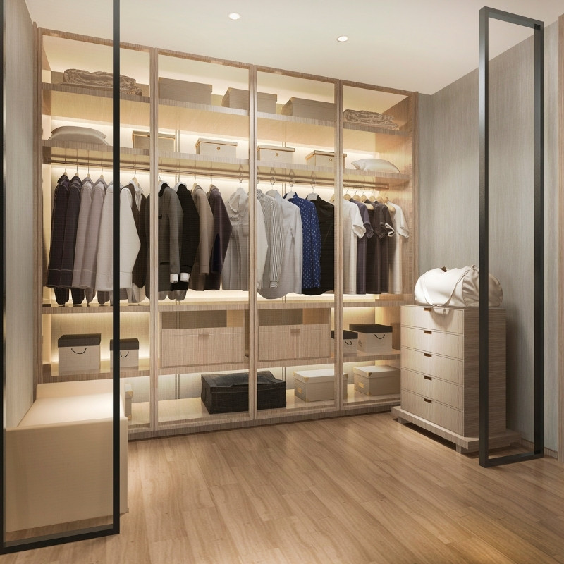 Mẫu tủ quần áo nhôm kính 4 buồng tích hợp kệ đựng đồ đa năng
