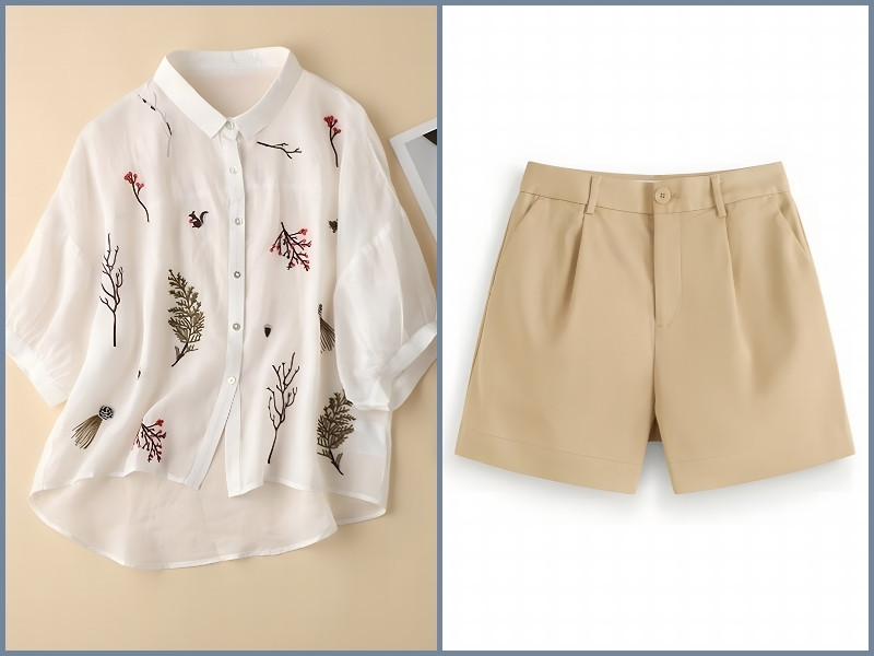 Nàng thơ dạo phố với set đồ áo sơ mi họa tiết và quần short trắng cơ bản