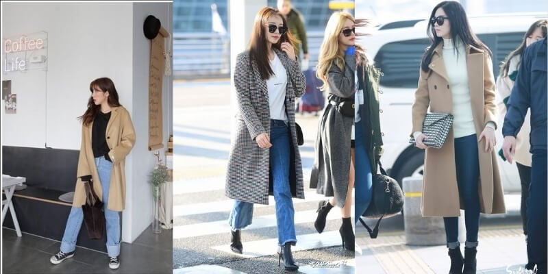 Phối đồ với áo dạ dáng dài cùng quần jeans tạo nên set đồ cá tính