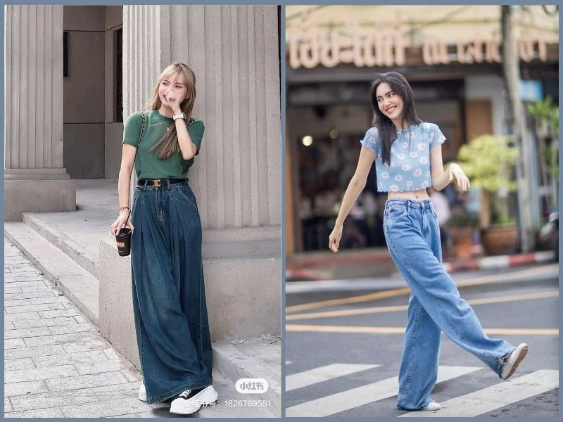 Trẻ trung, cá tính phối áo thun nữ và quần jean ống rộng