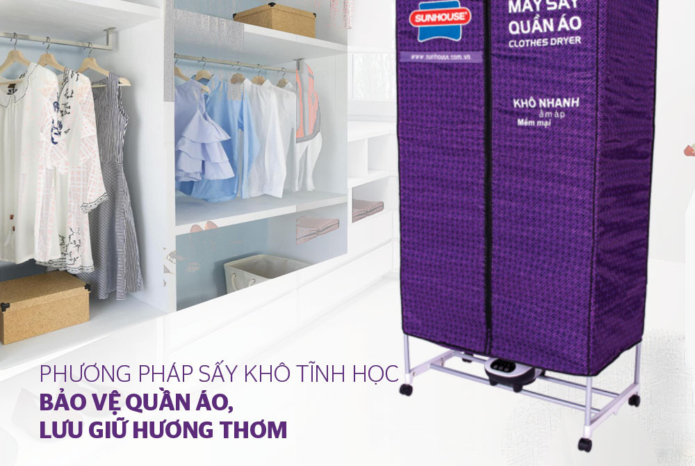 Tủ sấy quần áo Sunhouse SHD2707 đang hoạt động sấy khô quần áo trong không gian kín